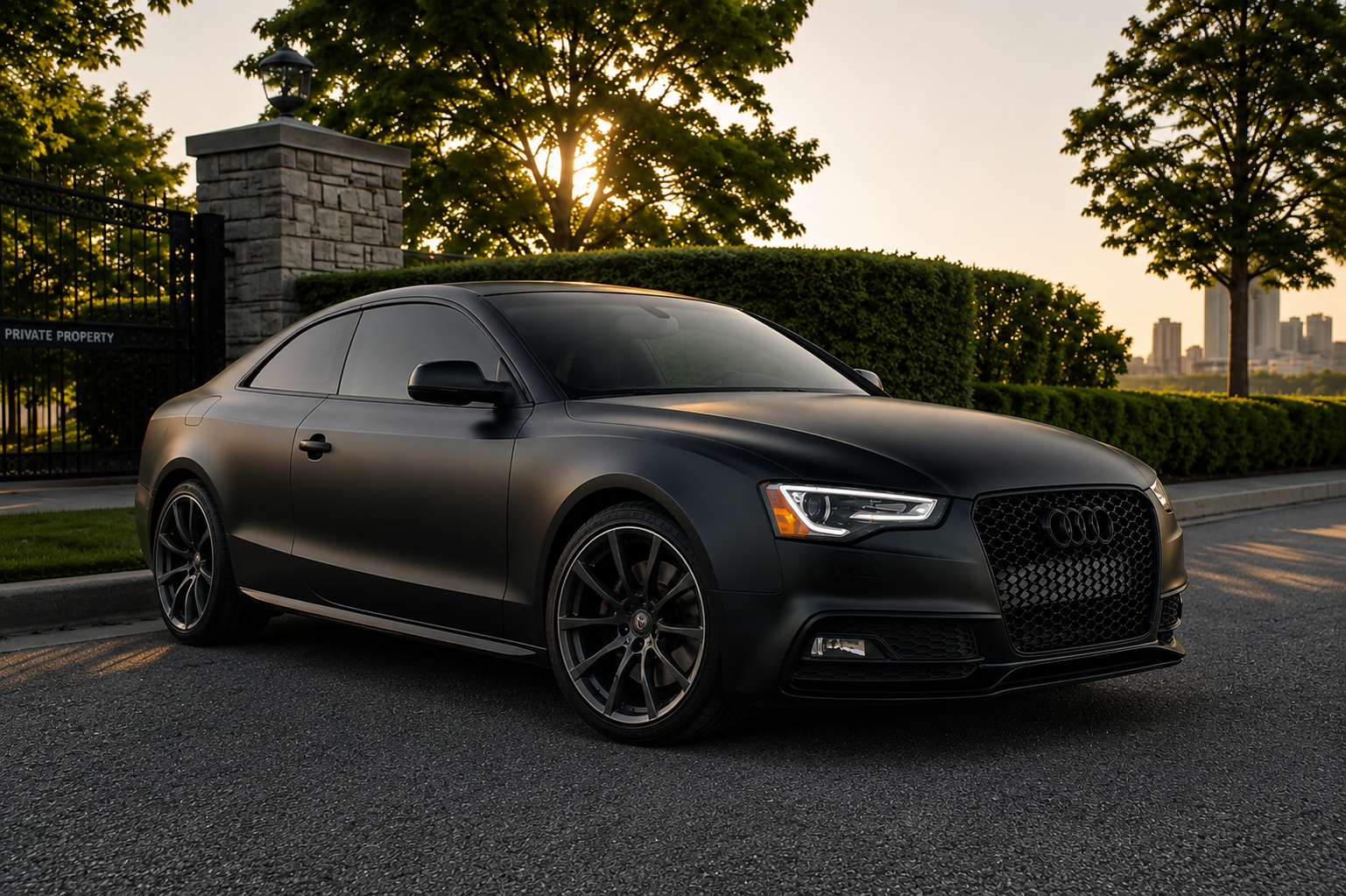 Matte black Audi A5 Coupe front three-quarter view